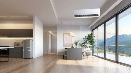 Fototapeta premium Modern Minimalist Living Room Interior with Large Glass Windows and Natural Light.
