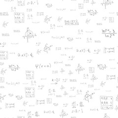 Mathematical scientific formulas and expressions. Educational, school and university background. Seamless pattern. Hand-drawn vector on white.