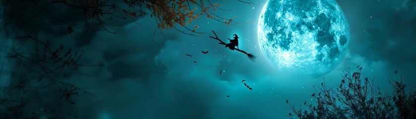 Fototapeta premium halloween witch A witch flying on a broomstick across a full moon