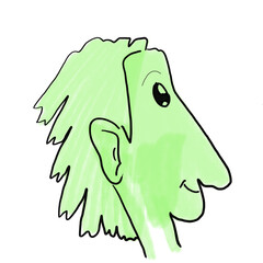 Cara de bienestar y esperanza. Caricatura de color verde feliz. Personaje de perfil sonriente. Ilustración sin fondo