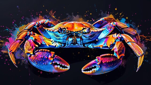 neon crab black background pop art Illustration of a crab in neon colors on a black background in the pop art style and splatters of watercolor paint