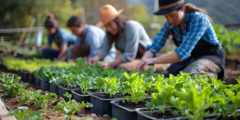 Cheerful farmers and gardeners working together at a community farm. Concept Community Farming, Cheerful Workers, Farming Collaboration, Gardeners' Joy, Harvest Time