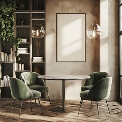 An empty vertical rectangle frame mockup, placed on the wall of a modern dining room with bookshelves and green armchairs and a round marble table, in neutral tones, beige walls