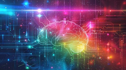 Obraz premium Digital brain holographic with neon rainbow technology display concept Background wallpaper AI generated image