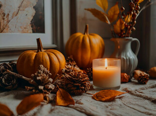 Autumn home decoration close up, muted colors, holiday photorealistic aesthetic background.