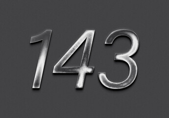 Chrome metal 3D number design of 143 on grey background.