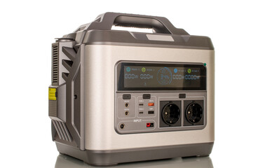 One battery universal electric, portable charging station, macro, isolated on white background.
