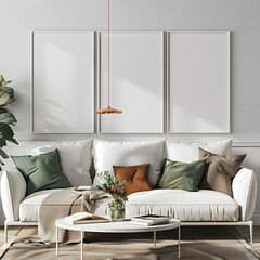 three blank square frames on the wall in front, a white sofa with green and brown pillows against it