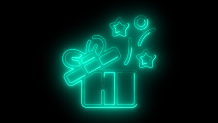 Neon Glowing 'HI' Greeting with Gift Box and Stars – Bright Blue Illuminated Sign on Black Background, Perfect for Digital Greeting Cards, Social Media Graphics,