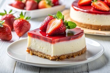 A white plate with tasty strawberry cheesecake on white table