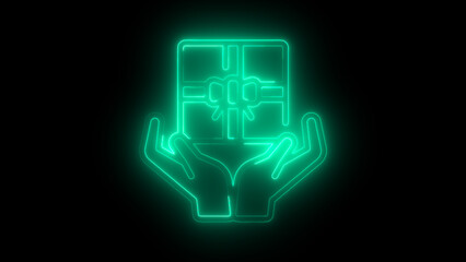 Neon Glowing Hands Holding Gift Box Icon - Bright Blue Light Symbol Illustration for Charity and Giving Campaigns. Shining Hands with Gift Box