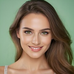 Fototapeta premium Pretty european beauty woman long hair with makeup glowing face and healthy facial skin portrait smile on isolated light green background