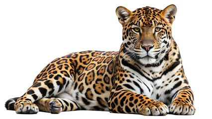 a jaguar lying down with its front paws extended forward on isolated background