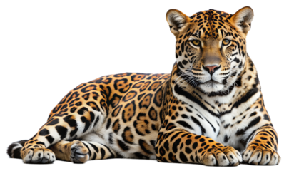 a jaguar lying down with its front paws extended forward on isolated background