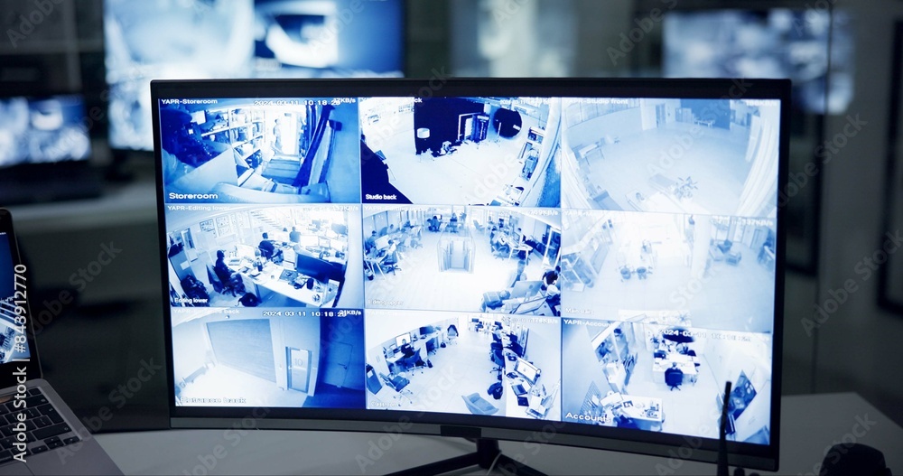 Poster Security, business and computer with split screen, control room and multicam surveillance with software interface. Law, display or pc with video system for cameras, protection and safety with monitor
