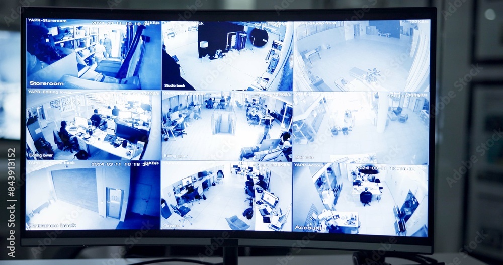Poster Security, business and computer with screen, control room and monitor with software interface. Law, compliance and pc with video system for cameras, protection and safety with multicam surveillance