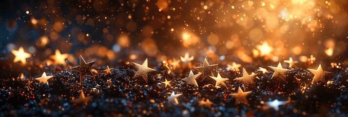 Golden Stars and Glittering Lights on Shimmering Surface - Festive Holiday Celebration Background