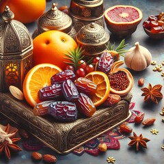Eid al - Fitr holiday concept with sweet dried dates, fruits and decorations