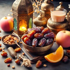 Eid al - Fitr holiday concept with sweet dried dates, fruits and decorations