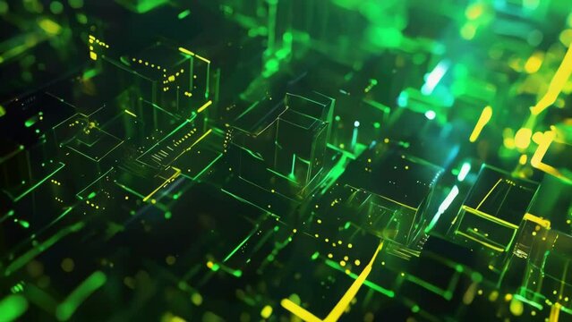 Green and yellow computer screen with many small squares and lines