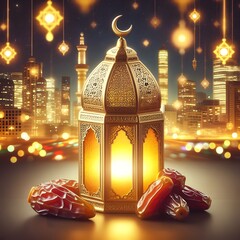 Muslim holiday of Ramadan Kareem, a golden lantern and dates fruit are displayed against a night sky and city background lit by bokeh lights.4