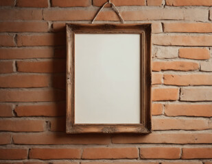 A wooden picture frame hung on a brick wall