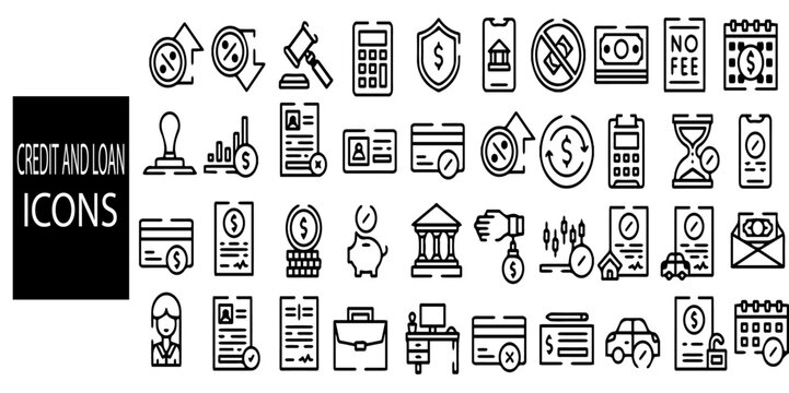 Credit and loan related 40 line icons with mortgage, car, tax calculation, lump-sum payment, interest rate, personal business.vector  illustrations.