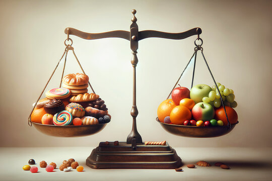 traditional scale with two bowls, on one bowl various pastries, on the other - fresh fruit