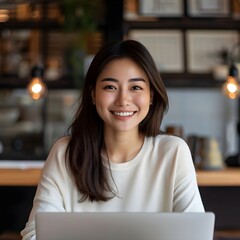 woman using laptop in cafe