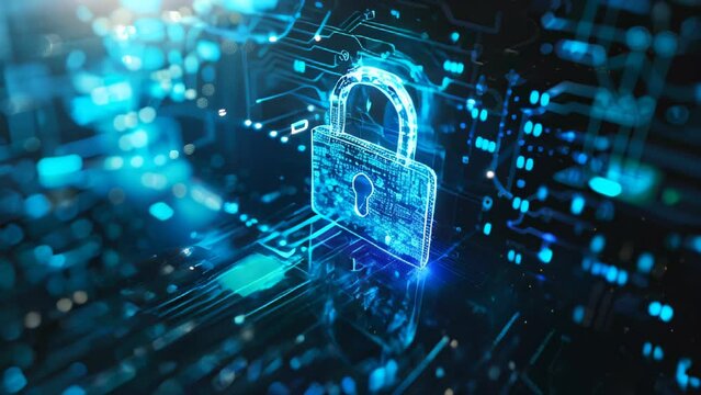 glowing blue neon lock icon on digital circuit board background, illustrating cyber security and data protection concepts, technology, digital security and IT infrastructure 