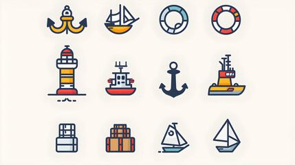 Obraz premium Minimalist Harbor Icons Collection: Ships, Anchor, Lighthouse, Cargo Containers, and Lifebuoys