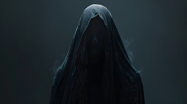  mysterious hooded figure wearing dark , isolated on a black background with copy space