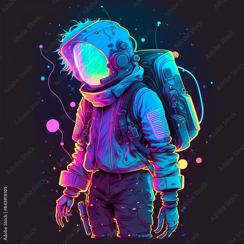 Wall mural Humanoid evil astronaut samurai dark neon vector