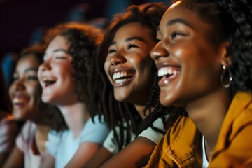 Group of four diverse multiethnic teenaged female friends laughing while watching a movie