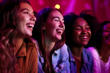 Group of three diverse multiethnic teenaged female friends laughing while watching a movie - Powered by Adobe