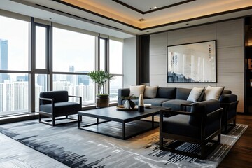 Fototapeta premium Contemporary Chinese style living room city view, white interior design and modern grey furnishings