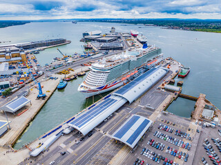 Aerial shot of Cruise Ship at Southampton Dock QE2 Terminal on a cloudy day