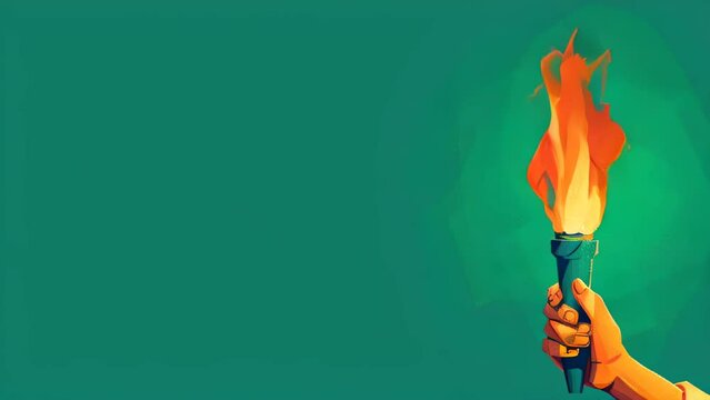 burning flame torch in man hand on green background, animated Sport flat style games victory symbol, Winner abstract sign with copy space
