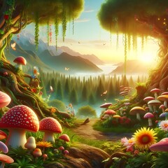 Fantastic wonderland forest landscape with mushrooms and flowers