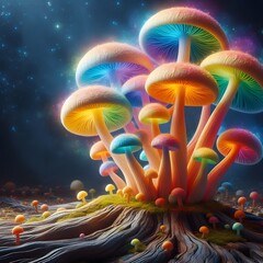 Fantastic color rainbow glowing real mushrooms