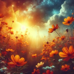 Fantastic picture background with orange and yellow flower meadow.