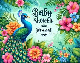 Baby shower invite: peacock with colorful flowers for baby girl