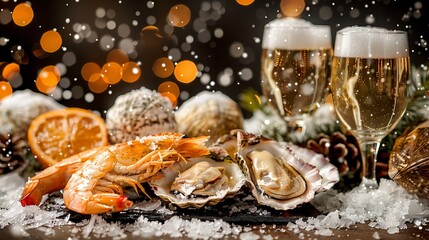 Festive table with shrimp and oysters, decorated with orange slices and pine cones, against the background of two glasses of sparkling wine