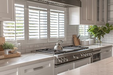 White grey minimal kitchen subway tile stainless steel appliance modern plantation shutters sink interior design