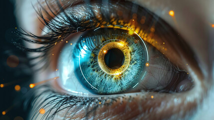 A detailed closeup of a human eye, showing the iris and pupil, circular graphical element symbolizing vision analysis or ophthalmology diagnostic technology.