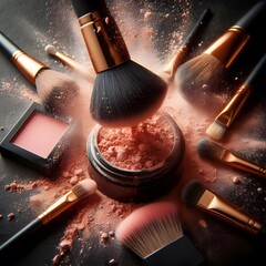 Make up cosmetic brushes with powder blush explosion on black background. Skin care or fashion