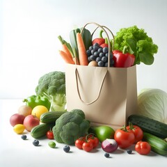 Fresh vegetables in a paper shopping bag and white background. Good food concept for health and diet.
