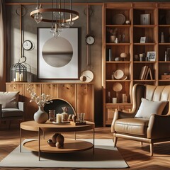 Interior of living room with armchair and wooden table