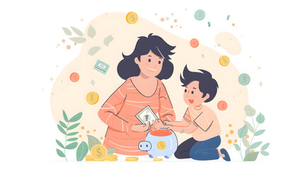 Happy excited mother and kid dropping cash into piggybank. Caring mom teaching kid to save, invest money, collecting coins in piggy bank. Family savings, financial education concept