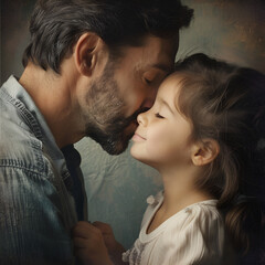 Fototapeta premium In the image, a parent and child walk hand in hand through a sun-dappled forest, their silhouettes bathed in golden light filtering through the lush canopy above. 